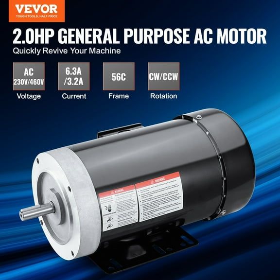 2HP Industrial Motor, 3450 RPM, 3-Phase AC, 56C Frame, 5/8" Keyed Shaft, 230V/460V, Reversible - for Air Compressors & Equipment