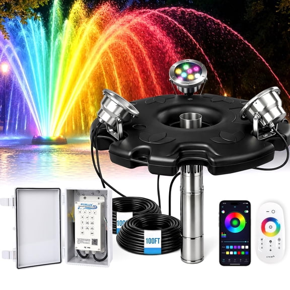 Foxlux 2HP Pond Fountain Aerator with 3 RGB LED Lights, 120V 30000 GPH Floating Pump, Automatic Aerating Pump for Large Ponds, Lakes, and Outdoor Water Features, with Controller, APP & Remote Control