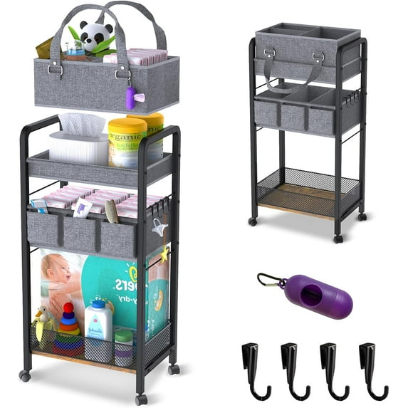 2IN1 Baby Diaper Caddy Organizer-3 Tier Rolling Storage Cart with Dividers - Bedside Diaper Caddy Cart for Baby Nursery Newborn Essentials-Mobile Utility Carts with Wheels for Changing Table