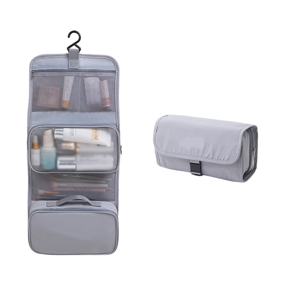 2IN1 Hanging Travel Toiletry Bag, Large Capacity Waterproof Cosmetic Makeup Organizer Bag with Detachable Compartment, Foldable Hanging Shower Wash Bag for Business Trip, Camping,Gray