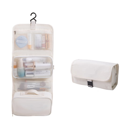 2IN1 Hanging Travel Toiletry Bag, Large Capacity Waterproof Cosmetic Makeup Organizer Bag with Detachable Compartment, Foldable Hanging Shower Wash Bag for Business Trip, Camping,Beige