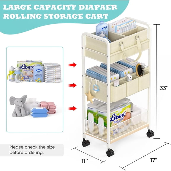 2In1 Baby Diaper Caddy & 3-Tier Rolling Cart, Diaper Caddy Organizer Carts with Dividers, Mobile Metal Utility Cart for Nursery Essentials, Detachable Bedside Cart, Large Capacity, White