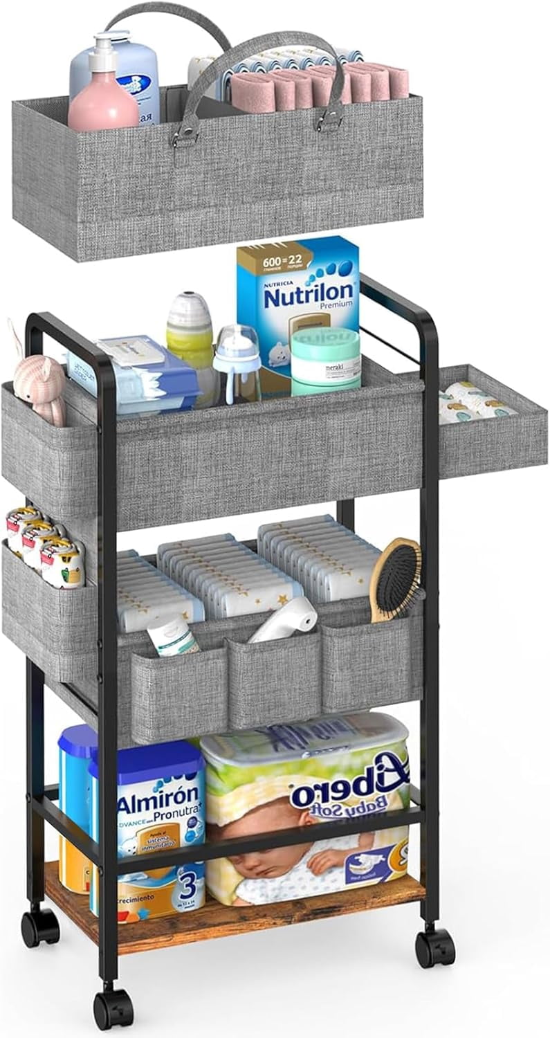 2In1 Baby Diaper Caddy & 3-Tier Rolling Diaper Cart, Diaper Caddy Organizer Cart with Dividers, Mobile Metal Utility Cart for Nursery Essentials, Detachable Bedside Cart, Large Capacity