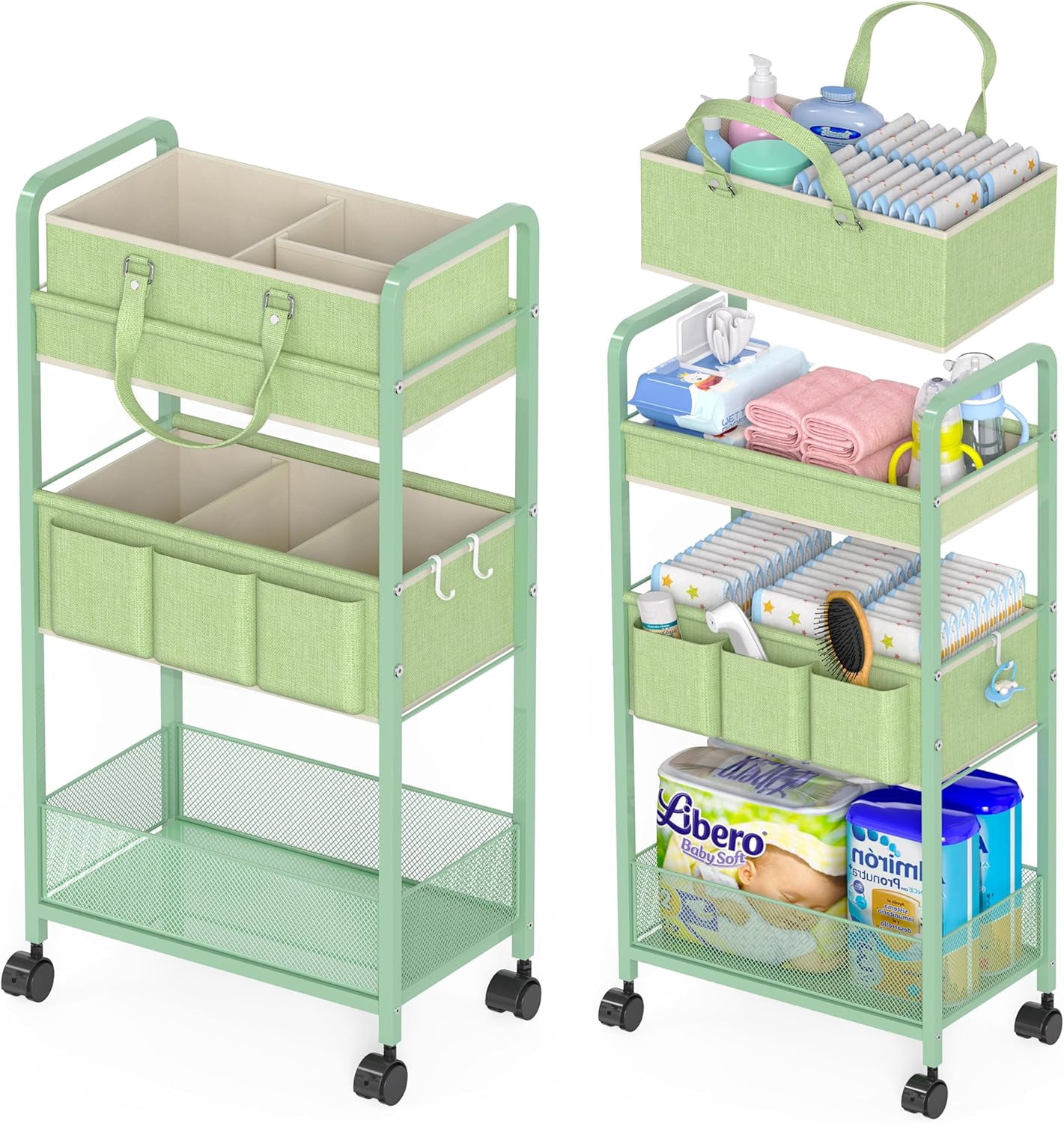 2In1 Baby Diaper Caddy & 3-Tier Rolling Diaper Cart, Diaper Caddy Organizer Cart with Dividers, Mobile Metal Utility Cart for Nursery Essentials, Detachable Bedside Cart, Large Capacity
