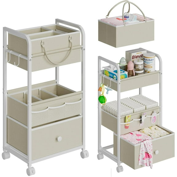 2In1 Baby Diaper Caddy Organizer and Storage, 3 Tier Rolling Cart with Drawer, Detachable Dividers, Mobile Utility Cart Baby Dresser Clothes Organizer for Crib, Bedroom, Art & Craft Storage