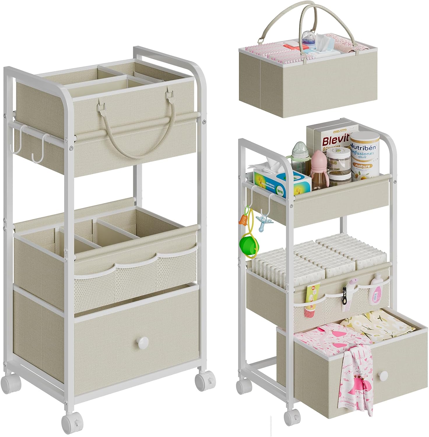 2In1 Baby Diaper Caddy Organizer and Storage, 3 Tier Rolling Cart with Drawer, Mobile Utility Cart Baby Dresser Clothes Organizer for Crib, Art & Craft Storage, White, 17"W x 11.42"D x 33.5"H