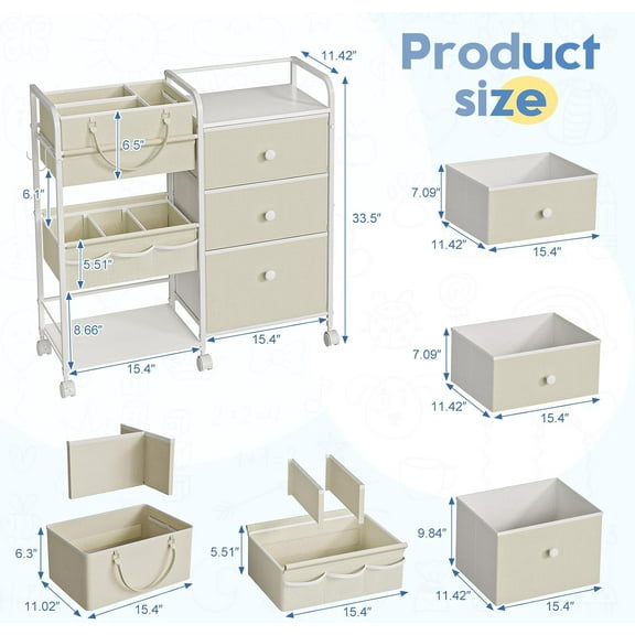 2In1 Diaper Caddy Organizers and Storage, 3 Tier Rolling Cart with Dividers and Drawers, Mobile Utility Cart Dresser Clothes Organizer for Changing Table, Crib Nursery, Bedroom