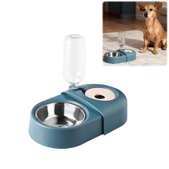 2In1 Pet Feeding Station With Automatic Waterer And Slow Feed Design Stainless Steel Bowl No Spill Waterer For Cats(Blue-13.2X7.7In)