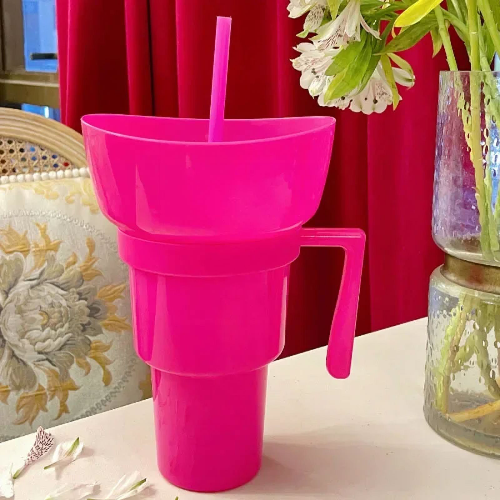 2In1 Snack Bowl Drink Cup with Straw Stadium Tumbler Water Bottle Straw