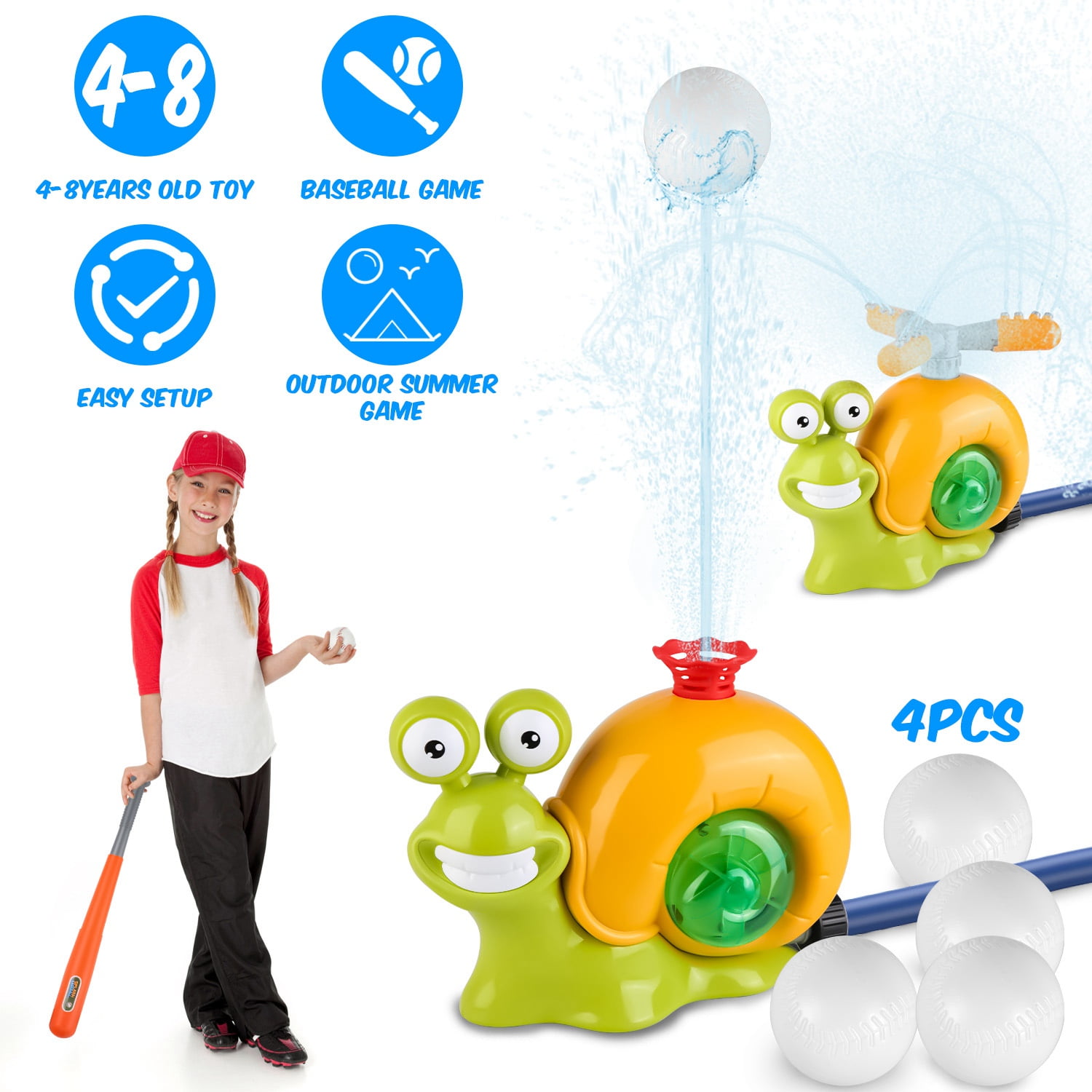 2In1 Snail Water Sprinkler Baseball Toy, 360° Rotating Spray Baseball Sprinkler Water Toy for 4-8Years Old