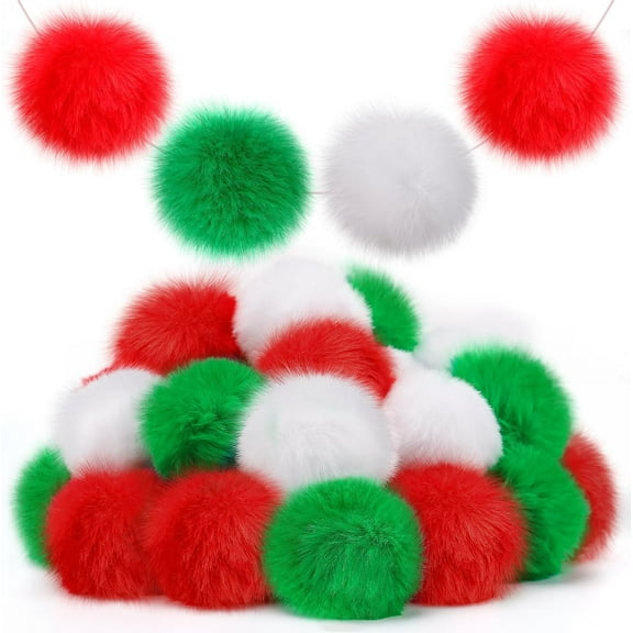 2Inch Large Pom Poms for Crafts - 30 pcs Faux Fur Pompoms Fluffy Balls for Fall Decorations Christmas Handmade Gifts, Red/Green/White