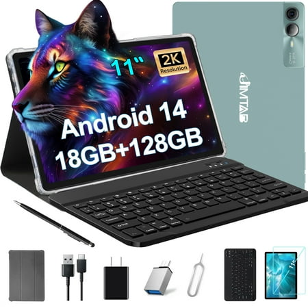 2K 11 Inch Tablet, Newest 11 Inch Android 14 Tablet 2K Display 2 in 1 Tablet, Octa Core, 18GB RAM+128GB ROM+1TB Expand, 5+5+13MP Camera, 9000mAh Battery, 5G/2.4G WiFi, Bluetooth, Case