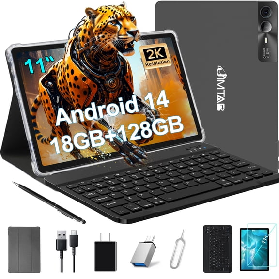 2K 11 Inch Tablet, Newest 11 Inch Android 14 Tablet 2K Display 2 in 1 Tablet, Octa Core, 18GB RAM+128GB ROM+1TB Expand, 5+5+13MP Camera, 9000mAh Battery, 5G/2.4G WiFi, Bluetooth, Case