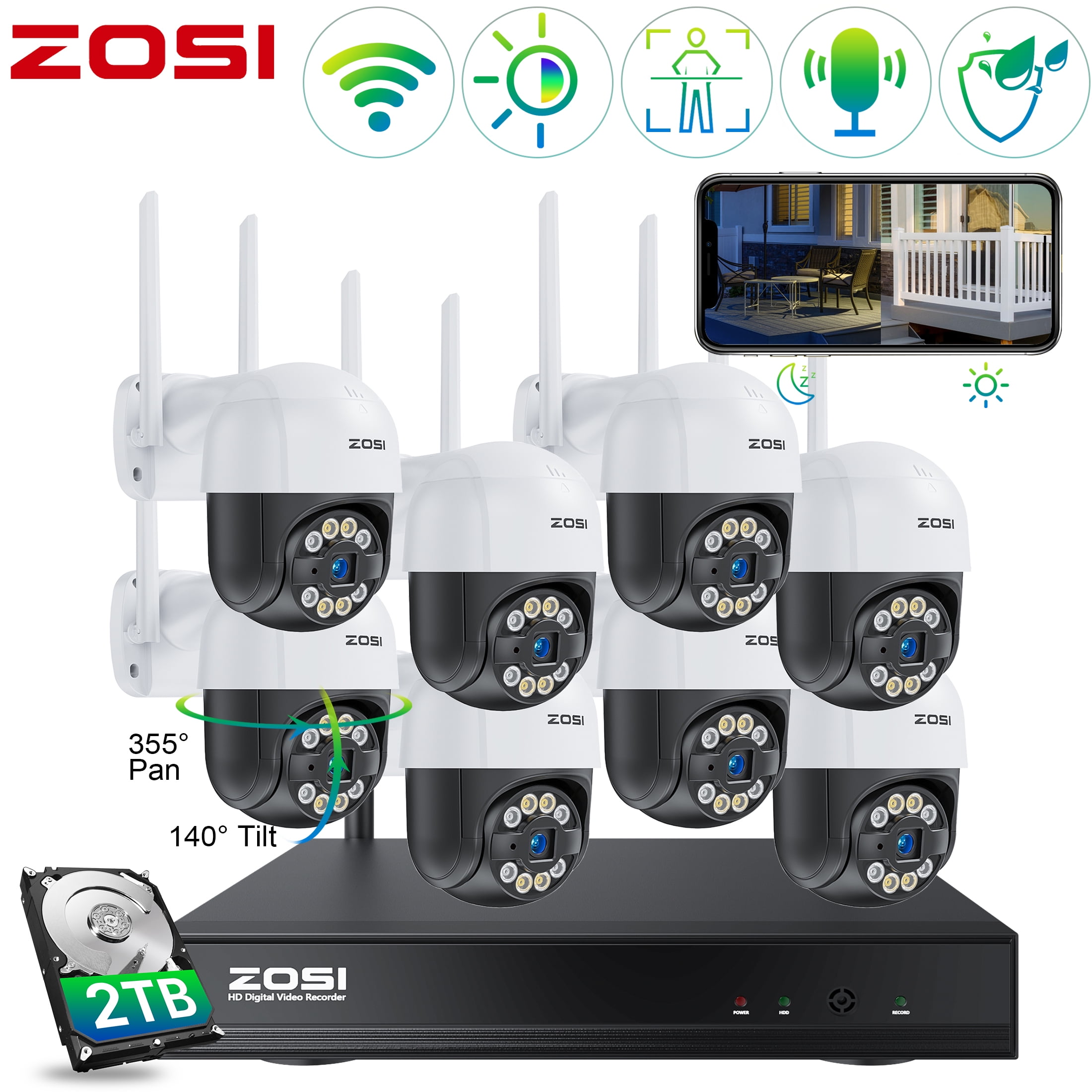 2K 360 PTZ Security Camera System, ZOSI 3MP Spotlight Wireless Security Camera System 2TB, 8pcs