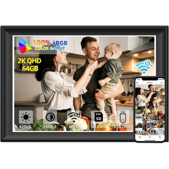 2K 64GB 11inch Digital Picture Frame WiFi6&5G Digital Photo Frame 1920x1280 FHD IPS Touch Screen 100% sRGB,Share Photos & Videos via Frameo App, Extend Storage by SD Card and USB Drive,Clock,Weather