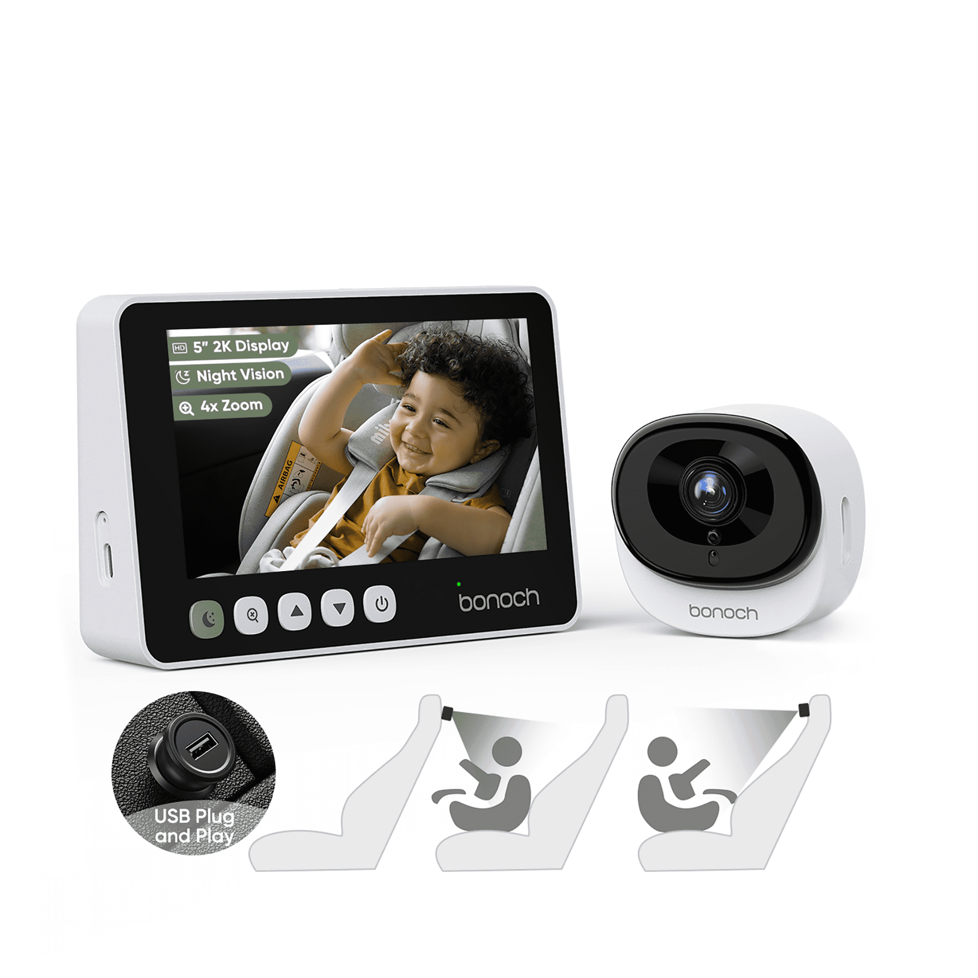 2K Baby Car Camera with Full Crystal Night Vision, 5 Inch Baby Car Montior for Back Seat Rear Facing