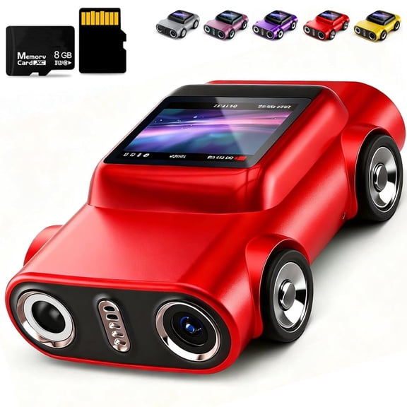 2K Car-Shaped Mini Digital Camera, 0.96-Inch LCD HD Display Tiny Camera with 8GB TF Card & LED Light, Portable Gifts for Travel,Birthday,Anniversary,Christmas Red