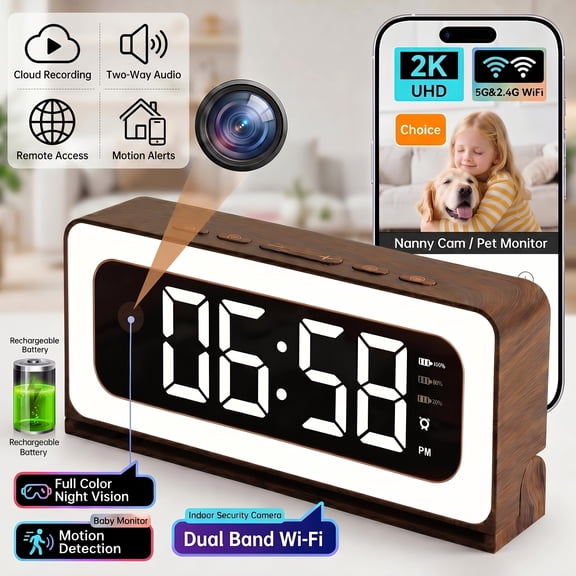 2K Dual Band WiFi Clock Nanny Cam, Wood Grain Indoor Security Camera, Color Night Vision Motion Siren Alert with Local SD Storage for Home Office