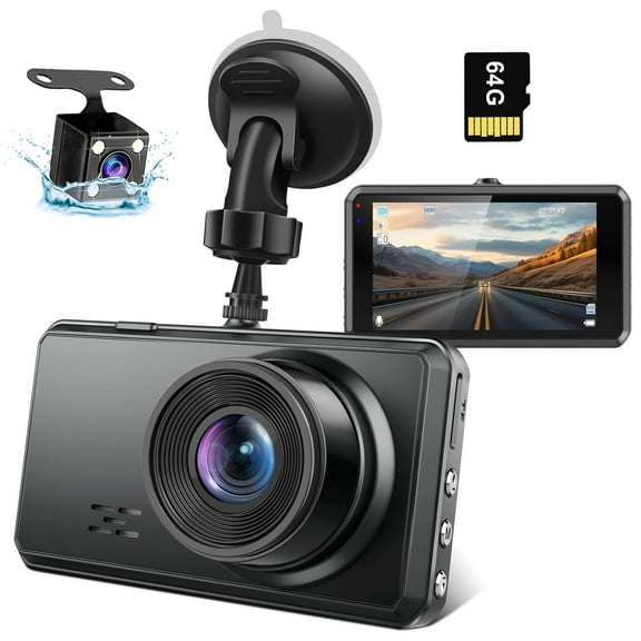 2K Dual Dash Camera for Cars, Free 64G SD Card, FHD 2K+1080P Dash Cam Front and Rear, 3.2'' IPS Screen, 176 Wide Angle Dashcam, 24H Parking Monitor, G-Sensor, Loop Recording, Night Vision, WDR