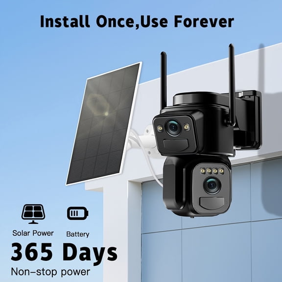 2K Dual Lens Solar Security Camera: 355° PTZ + Fixed View, 5G WiFi, Human Tracking, Color Night Vision, Two-Way Talk, Cloud Playback
