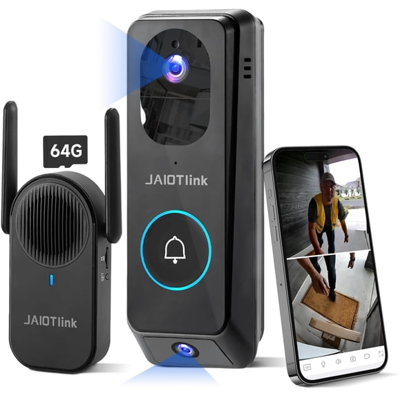 2K Dual Lens Video Doorbell Camera Wireless with Chime, 64GB SD Card, Voice Changer, 2.4G/5Ghz WiFi, Package Protection, 2-Way Audio, Night Vision, Compatible with Alexa