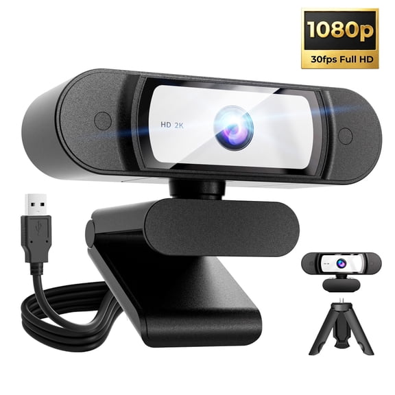 2K FHD Webcam for PC, Web cam with Noise Cancelling Mic, USB 2.0 Wired, 108° Wide Angle Lens, 360° Rotatable, Auto Light Correction, Plug‑Play Camera for Video Calling, Conferencing & Streaming
