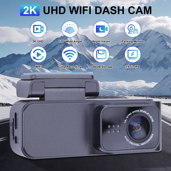 2K Front Dash Cam w/2.4G WiFi APP Control, Night Vision WDR, 24/7 Parking Mode, 64GB Card