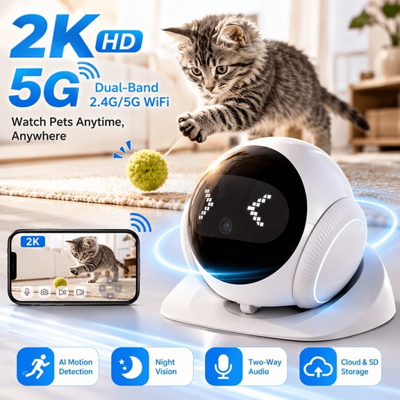 2K HD Robot Pet Camera, Dual-Band 2.4G/5G WiFi Indoor Security Camera With AI Motion Detection, Night Vision, Two-Way Audio, Cloud & SD Storage, Remote Monitoring For Dogs & Cats