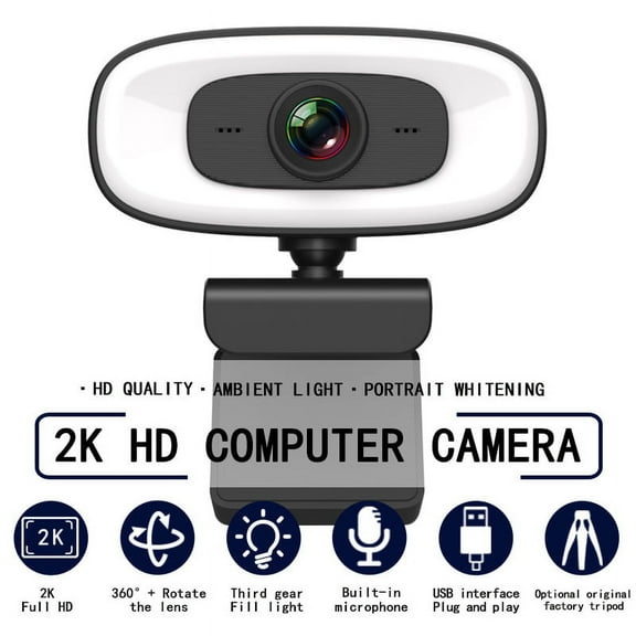 2K HD Webcam with Build-in Mic and Adjustable Ring Light, Plug and Play (Tripod Included), Auto-Focus Web Camera for webinars, video conferencing, live streaming