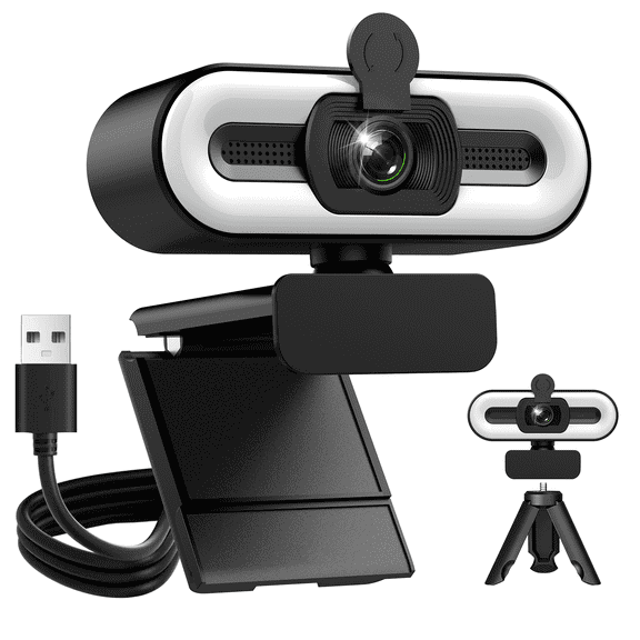 2K Webcam for PC, Streaming Webcam With 3-Level Ring Light, 0.01 Low Light Vision, 108° Wide Angle USB Webcam, Autofocus, Dual Noise Canceling Mics, Privacy Cover & Tripod, Meetings, Video Calling