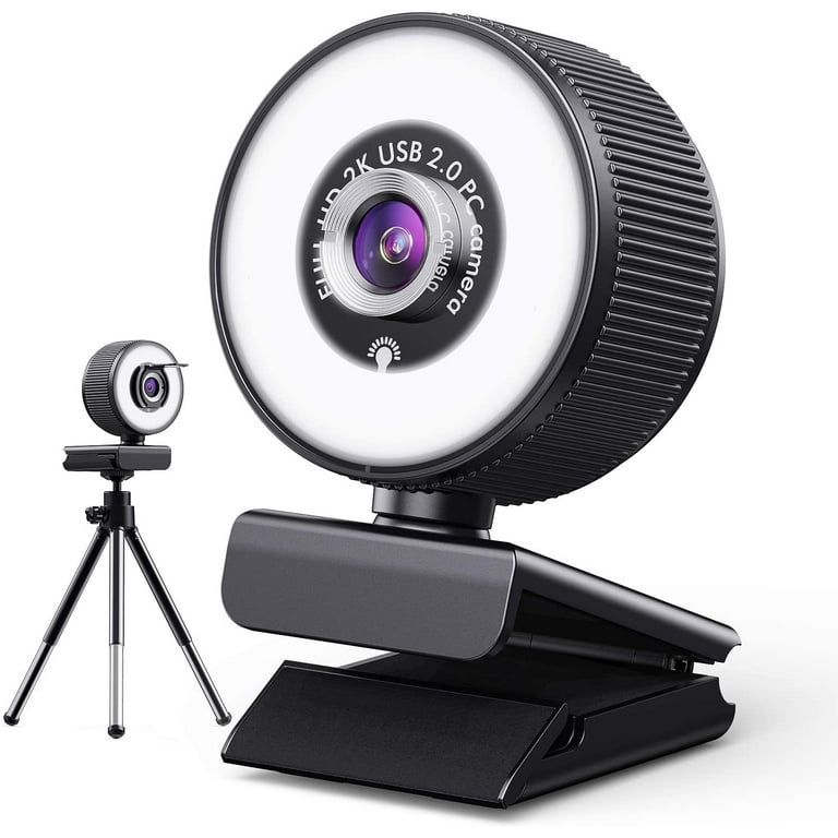 2K HD Webcam with built-in-18 LED Adjustable Ring Light and Microphone,  Privacy Cover & Tripod, Desktop Laptop Computer Webcam with USB, 360  Rotation
