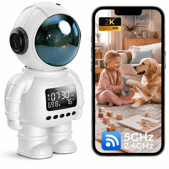 2K Indoor Astronaut Clock Robot Security Camera, 2.4G/5G WiFi Baby Monitor Pet Dog Camera with App, Long Battery Life, Two-Way Audio, Color Night Vision, PIR Motion Detection, Cloud & TF Card Storage