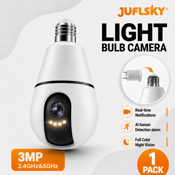 3MP Light Bulb Security Camera, 2.4G&5G WiFi Bulb Camera for Home, Motion Detection and Alarm, Two-Way Talk, Color Night Vision, Human Detection