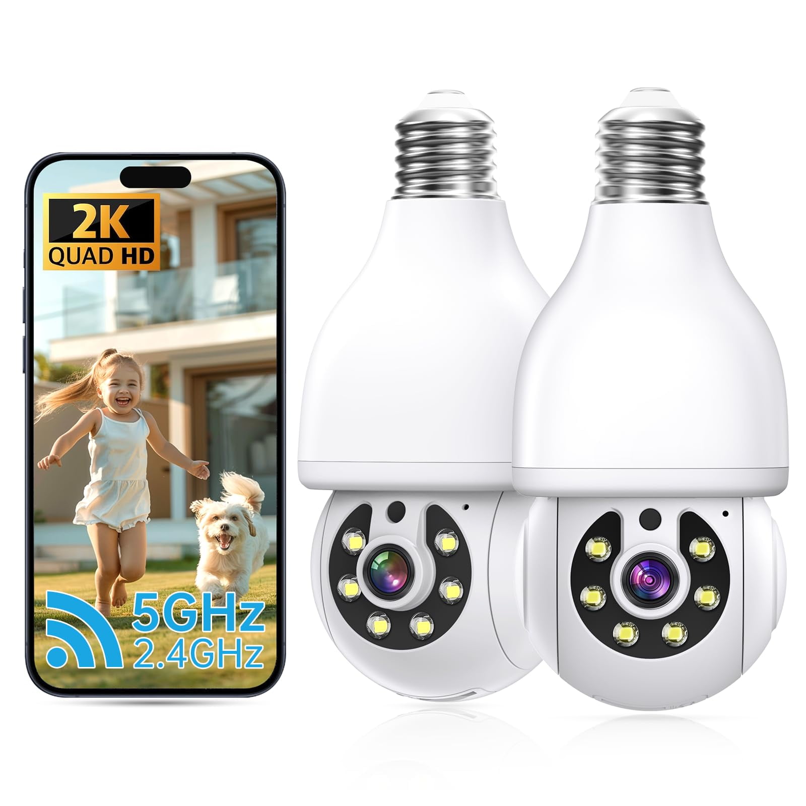 2K Light Bulb Security Camera-Support 5GHz\u00262.4GHz Dual Band WiFi,Security Cameras Wireless Outdoor,Cameras for Home Security Indoor Outside,2 Pack