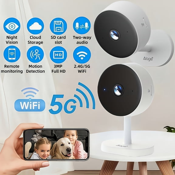 2K Mini WiFi Security Camera, 3MP 5G/2.4G, Two-Way Audio, Night Vision, Motion Detection, Alarm, Cloud/SD Storage, Works with Alexa & Google Home