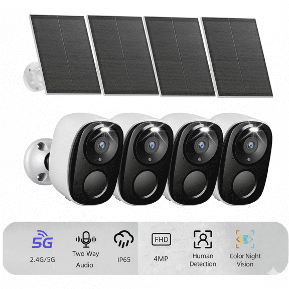 2K Security Camera Wireless Outdoor, Solar Battery Powered, 2.4G/5G WiFi, AI Motion Detection with Spotlight Siren Alarm, Color Night Vision, IP66 Waterproof, 2-Way Audio