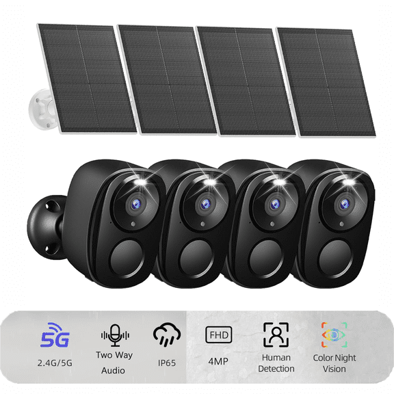 2K Security Cameras Wireless Outdoor with 2.4Ghz 5Ghz WiFi, Solar Panels, Battery Powered, AI Motion Detection Spotlight Siren Alarm,, Night Vision, 2-Way Talk, IP66 Waterproof