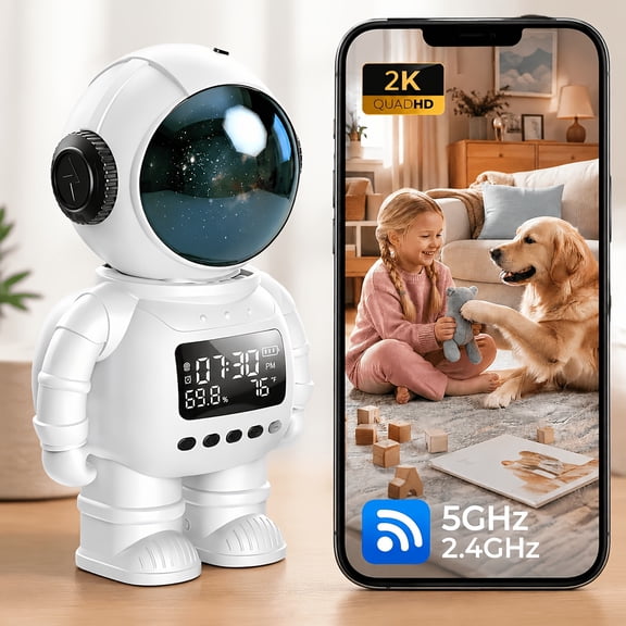 2K Smart Robot Pet Camera Clock, 3-in-1 Indoor Security Camera with Temperature & Humidity Display, Dual-Band 2.4G/5G WiFi, Night Vision, Motion Detection, Remote Viewing