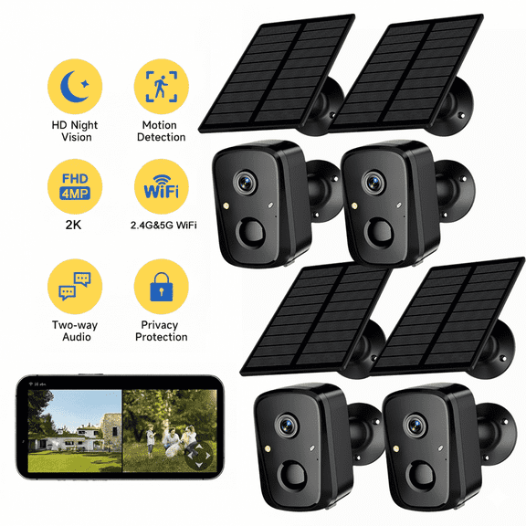 2K Solar Powered Security Cameras Wireless Outdoor 4 Pack, 4MP 2.4GHz & 5GHz Wi-Fi Battery Cameras for Home Surveillance, PIR/AI Motion Detection,Waterproof, Color Night Vision, Two-Way Audio