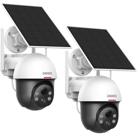 2K Solar Security Camera 360° View, DEKCO WIFI Wireless Outdoor Camera with Spotlight & Siren,Color Night Vision , 2-Way Talk,AI Human Detection,2 Pack