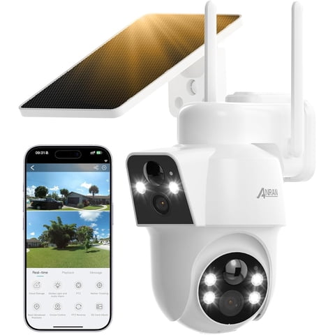 2K Solar Dual Lens Security Camera with Spotlight, ANRAN Wireless Camera with Smart Siren, Built-in Solar Panel, Two Way Talk, PIR Human Detection, 360 Pan Tilt Control Home Surveillance Camera