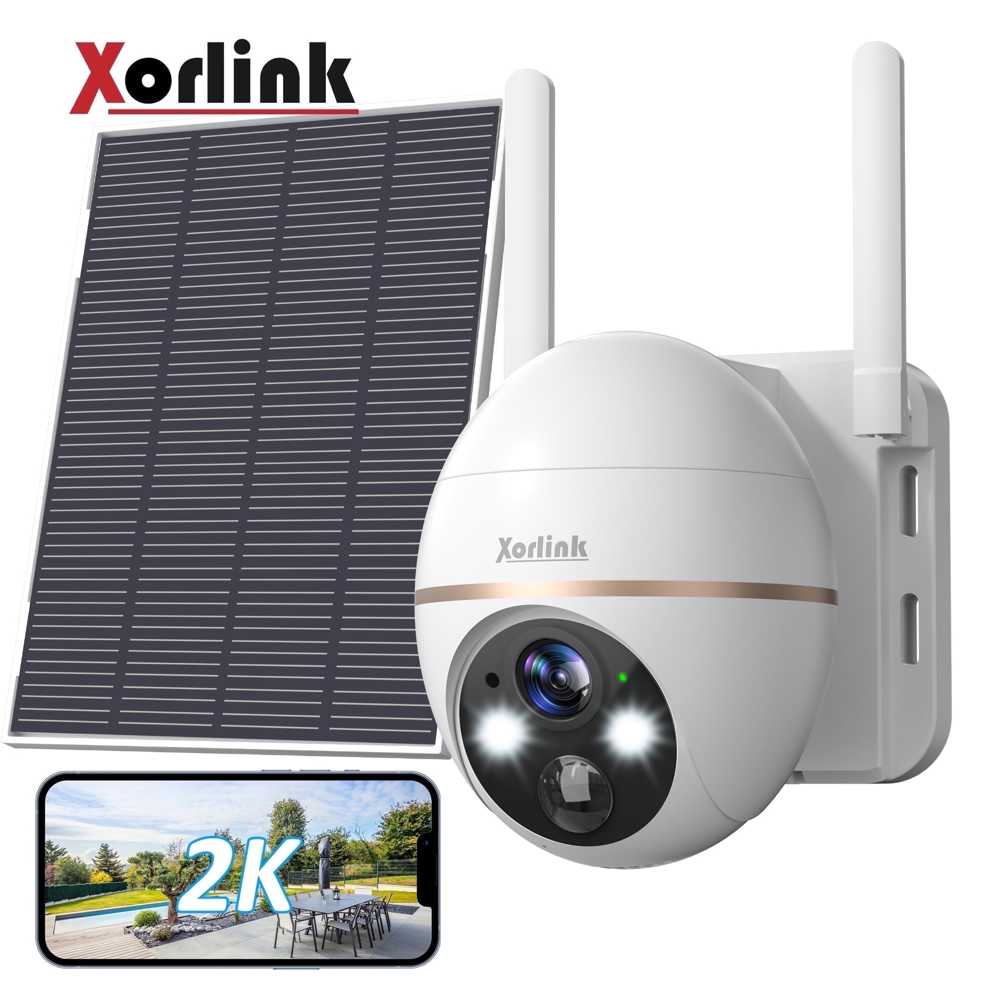 2K Solar Security Camera with Spotlight, Xorlink 360 View Wireless Outdoor Camera, Waterproof PIR Detection, Rechargeable Battery Powered Home Surveillance Camera with Color Night Vision 2-Way Audio