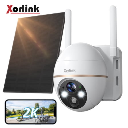 Xorlink 2K Solar Security Camera with Spotlight, 360 View Wireless Outdoor Camera, Waterproof PIR Detection, Rechargeable Battery Powered Home Surveillance Camera with Color Night Vision 2-Way Audio