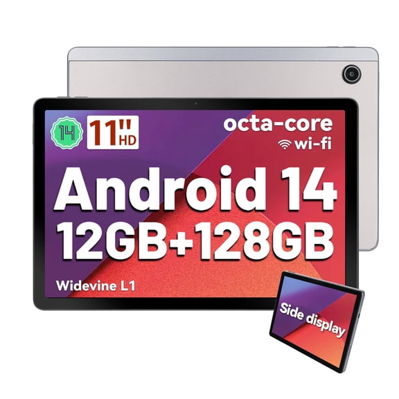 2K Tablet 11inch Android 14 with Octa-Core Processor,12GB RAM + 128GB ROM(1TB TF Extensions),2000x1200 FHD IPS Display,8MP+13MP, Split-Screen, 6800mAh,Wi-Fi 6,Silver with Case