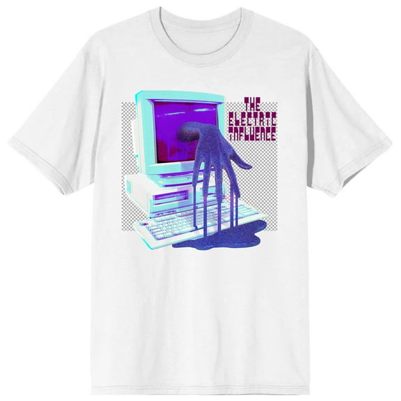 2K Tech Y2K Electric Influence Computer With Melting Hand Crew Neck Short Sleeve White T-shirt-Medium