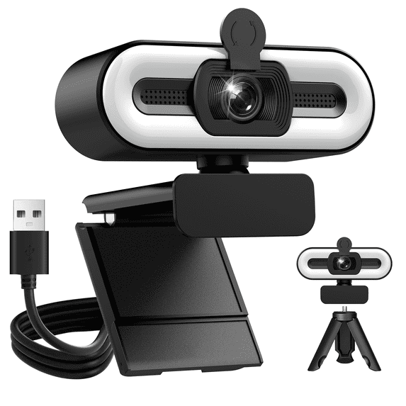 2K Webcam for PC, 1080P 60FPS USB Webcam with 3-Level Ring Light, Autofocus, Dual Noise Cancelling Mics, 108° Wide Angle, Low Light Vision, Privacy Cover & Tripod, for Meetings, Video Calls,Streaming