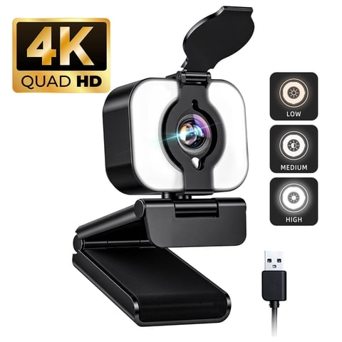 2K Webcam with Adjustable Ring Light & Fast PDAF Autofocus, USB Computer Camera with Noise-Canceling Microphones and Privacy Cover for Video Calls, Meetings, Online Classes & Streaming