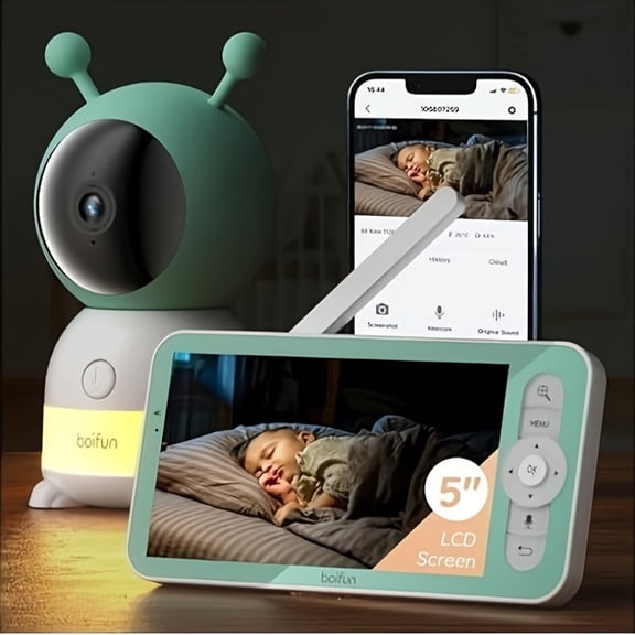 2K WiFi monitor with 5-inch screen. Night vision, motion tracking, temp & humidity detection, APP control, nice gift for moms.