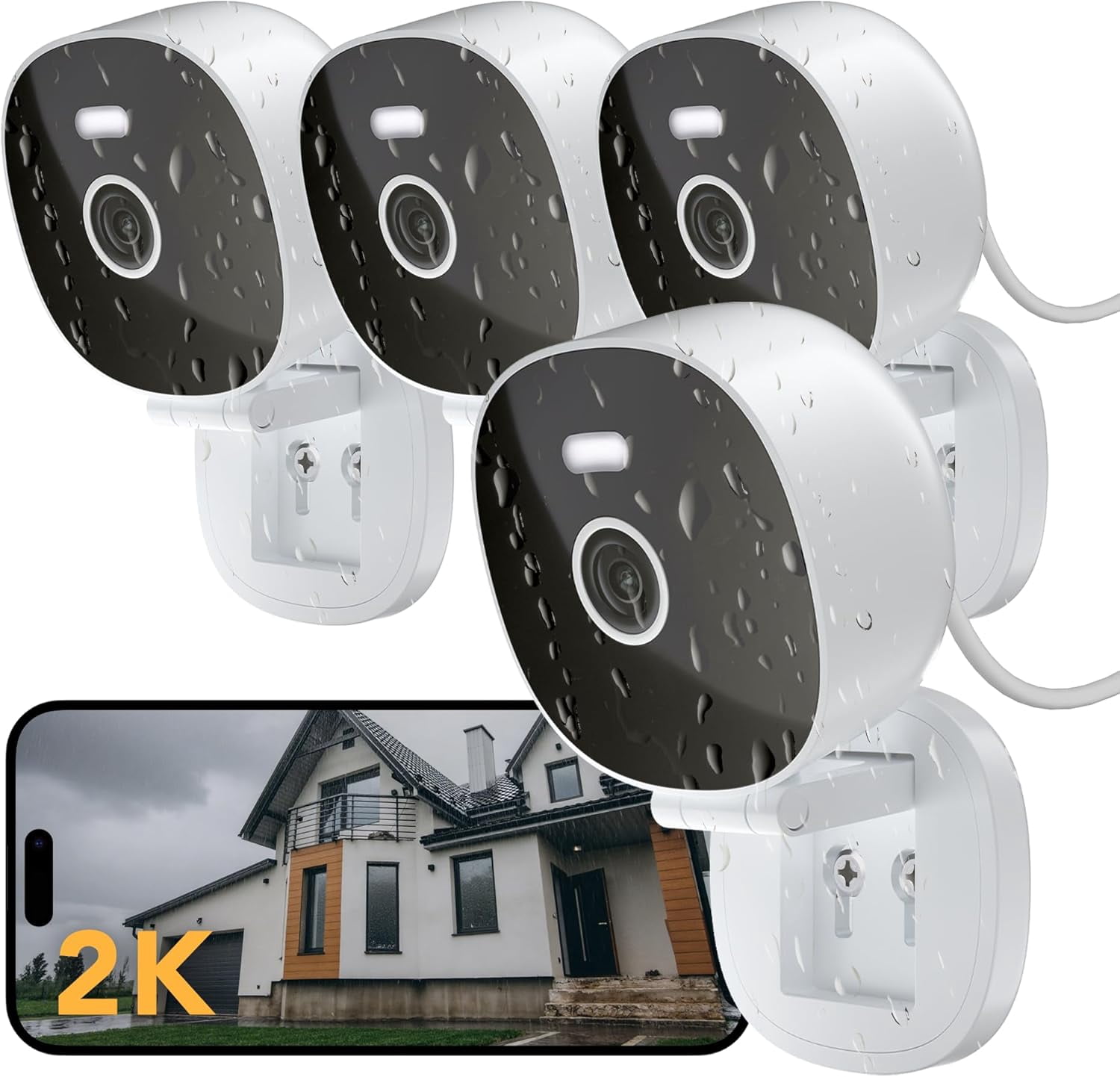 2K Wired Security Camera, Indoor/Outdoor for Home, Pet, Baby, Nanny, IP65 Waterproof Color Night Vision, White Light & Siren, Recording, Motion Detection, Works with Alexa,Plug in, White-4P