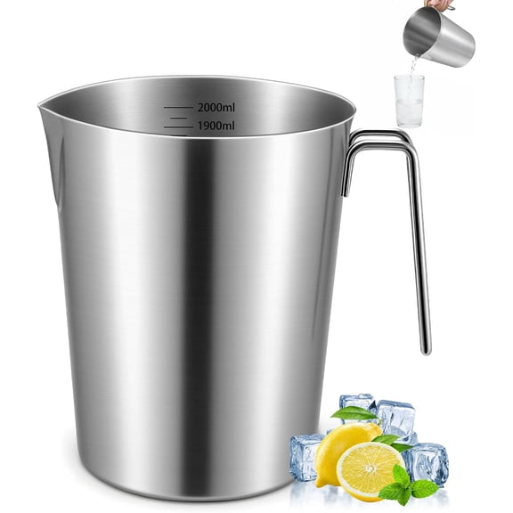 2L 18/8 Stainless Steel Measuring Cup with Handle and Pour Lip, 304 stainless pitcher with marking with handle, 68OZ/2 Liter- 8 Cup, Heavy-Duty Pitcher